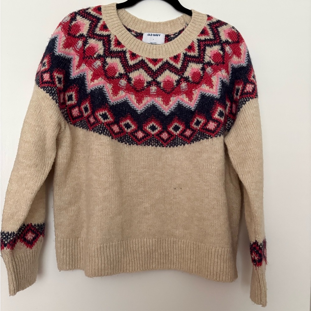 Old Navy Beige Crewneck Sweater with Pink & Navy Fair Isle Yoke
